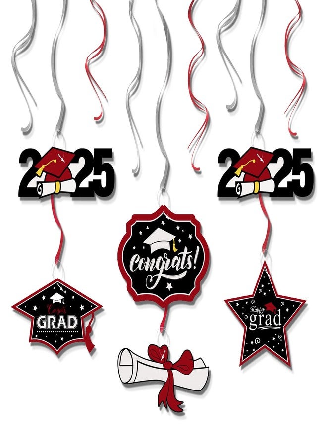 LINGTEER Congrats Grad 2025 Swirls Streamers - 12 pcs Class of 2025 School/Home Graduation Party Foil Hanging Swirls Streamers Grad Decorations.- Red - Image 1